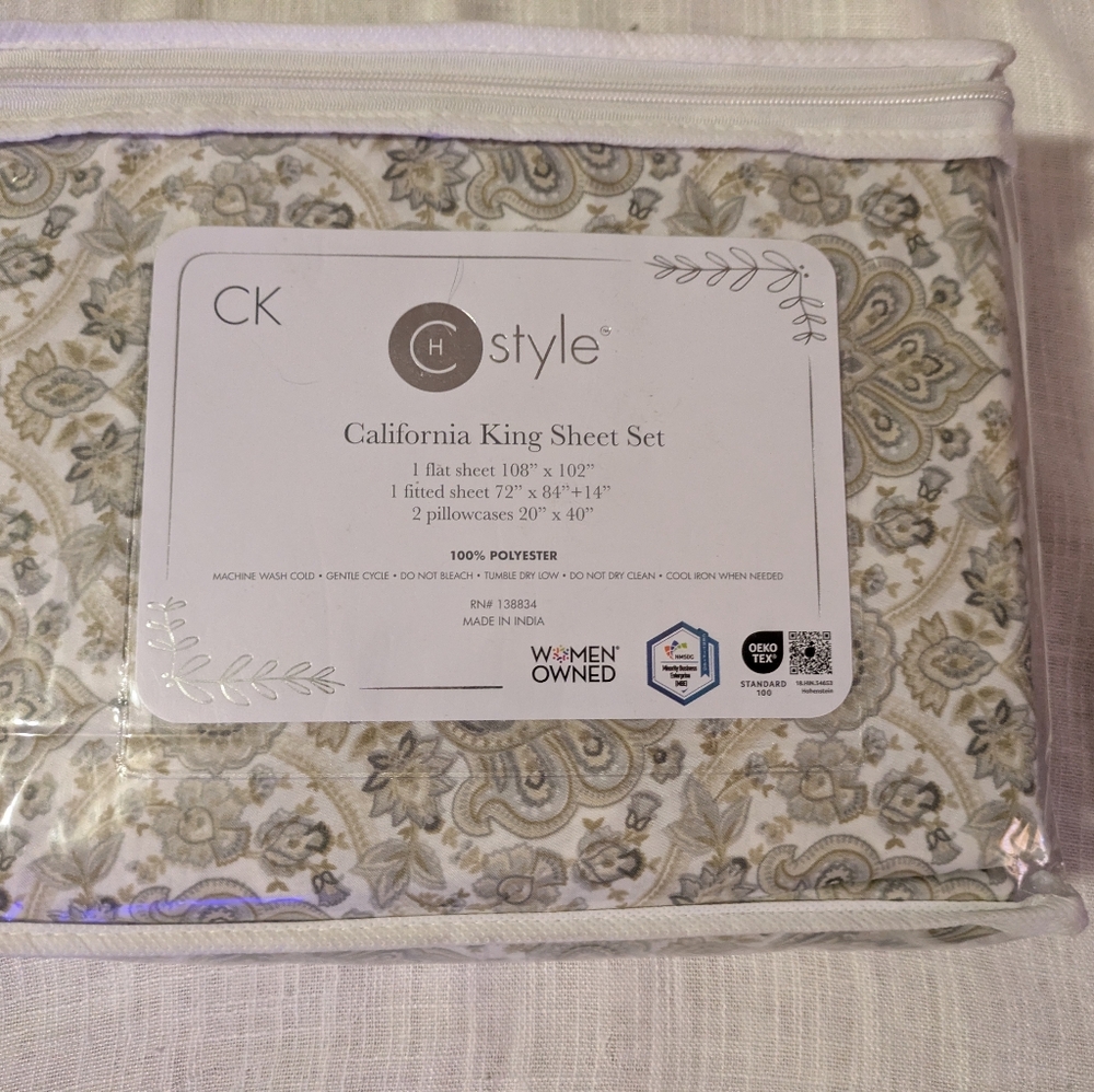 CK H Style California King Sheet Set - Floral Paisley Beige & Olive